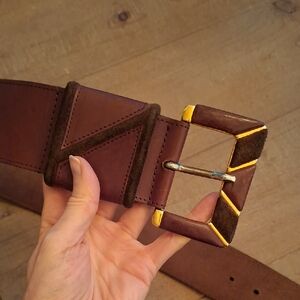 Wide Chocolate Brown Leather & Suede Waist Belt with Gold Buckle (Size XS/S)